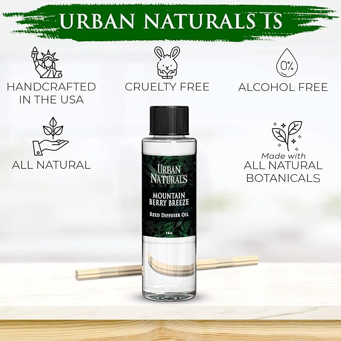 Urban Naturals Reed Diffuser Oil Refill, Mountain Berry Breeze Diffuser Oils with Juniper, Jasmine, Apple, 4 oz + Free Reed Sticks, Made in the USA