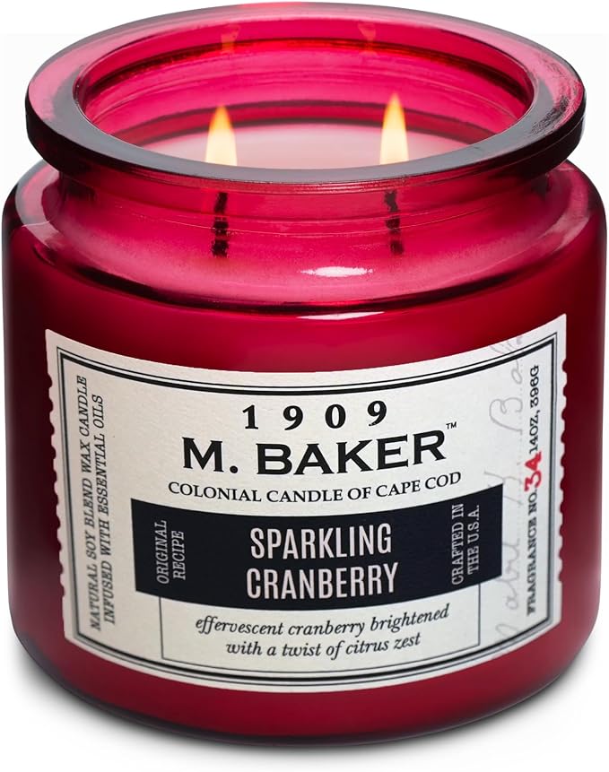 Colonial Candle Sparkling Cranberry Scented Candle, 2-Wick Natural Soy Blend Wax Candle Infused with Essential Oils, 14 oz Apothecary Glass Jar Candle - Made in The USA