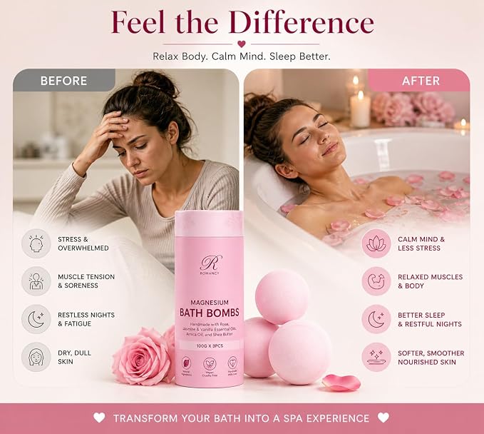 Magnesium Bath Bombs Rose Gift Set for Women & Men – Rose, Jasmine & Vanilla Essential Oils – Epsom Salt for Stress Relief, Muscle Recovery & Post-Workout Relaxation – Sleep Support Spa Self Care