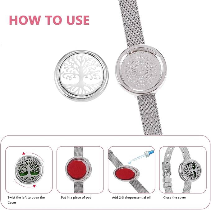 Essential Oil Diffuser Bracelet with Gift Box Aromatherapy Locket Adjustable Stainless Steel Tree of Life Watch Chain Bracelet with 10 Pcs Refill Pads for Women