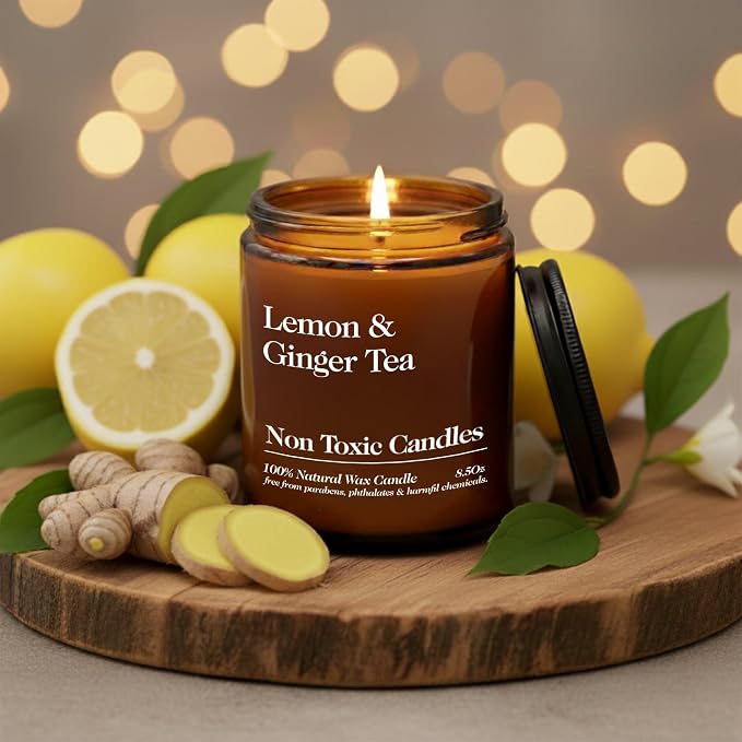 Hand Poured Non Toxic Candles - Lemon & Ginger Tea Fall Candles with Premium Natural Wax - Aromatherapy Scented Candles with Mandarin, Bergamot, Ginger & White Tea Notes - 8.5 Oz, 45 Hrs Burn Time