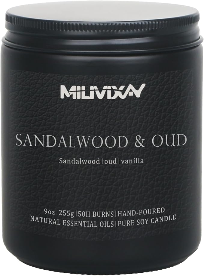 MILIVIXAY Candle for Men Sandalwood & Oud Scented Classic 9oz Jar Single Wick Candle, Soy Wax Candles for Consistent Burn, Over 50 Hours of Burn Time, Ideal for Creating Relaxing & Holiday Gifting.
