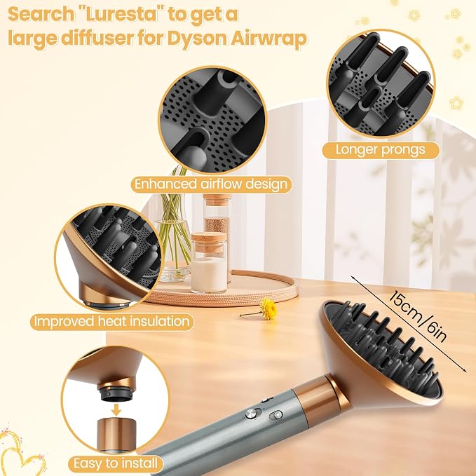 Upgraded 6IN Diffuser Attachment for Dyson Airwrap Styler HS01 HS05 HS08, Hair Diffuser Nozzle for Fast Drying and Styling Wave Curly Thick Hair