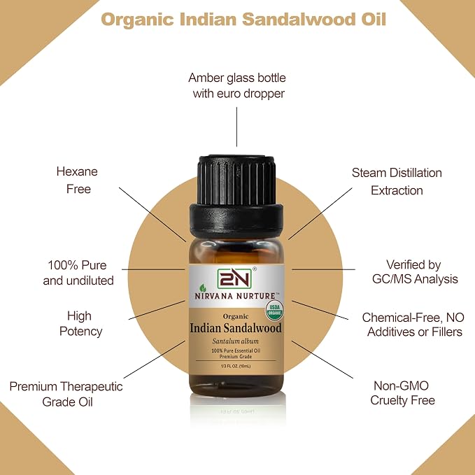 Indian Sandalwood Essential Oil, USDA Certified Organic, 100% Pure Undiluted, Aromatherapy Oil for Diffuser, Hair & Skin Care