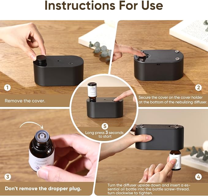 Waterless Diffuser for Home Essential Oil Diffuser, Aromatherapy Diffuser, Portable Scent Diffusers, 3 Mist Modes, Cycle Start for Bedroom, Office Studio 350-700 sq. ft Black