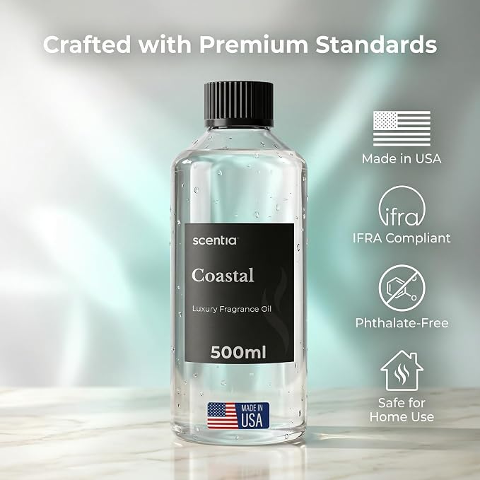 Scentia Coastal (Cabana) Diffuser Oil for HVAC Scent Machine – Hotel Fragrance Inspired by 5-Star Spa – 500 mL – Jasmine, Bergamot & Sea Breeze Oil for Commercial & Cold Air Diffusers, Made in USA