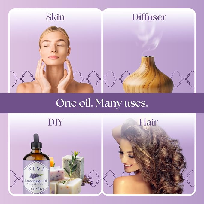 SIVA Lavender Essential Oil 4 Fl Oz – For Diffuser, Skin & Hair Care – Ideal for Massage & DIY Blends – with Dropper