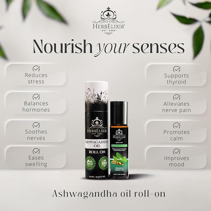 Ashwagandha Oil Roll-On (10ml) – Topical Adaptogenic Relief for Stress, Calm & Hormone Balance – Withanolides Aromatherapy Oil
