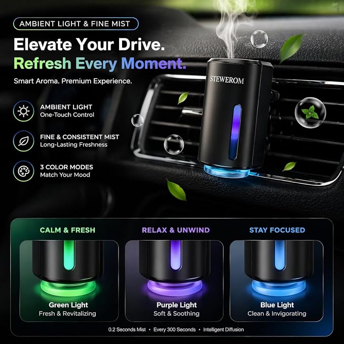Car Air Freshener - Smart Adjustable 3-Speed Intensity, Rechargeable Humidifier Car Essential Oil Diffuser - Comes with 8 Bottles of 10ml Perfume (Black)