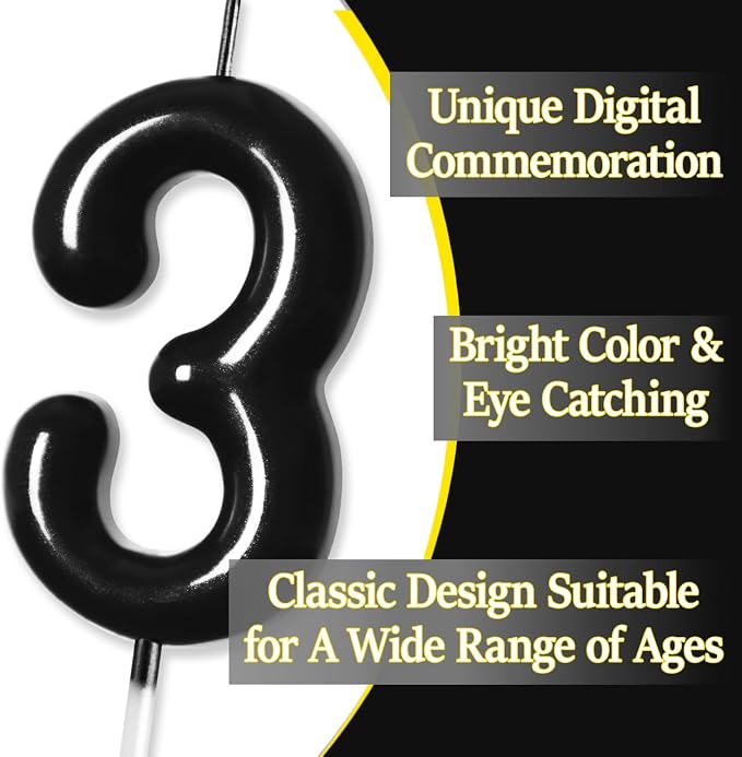 2.76“ Large Black 1 Birthday Candle, 1 Candle for First Birthday Boy, Number 1 Candle for Boys Black Theme Birthday Party Decorations, Black Birthday Candles for Two Cool Birthday Decorations