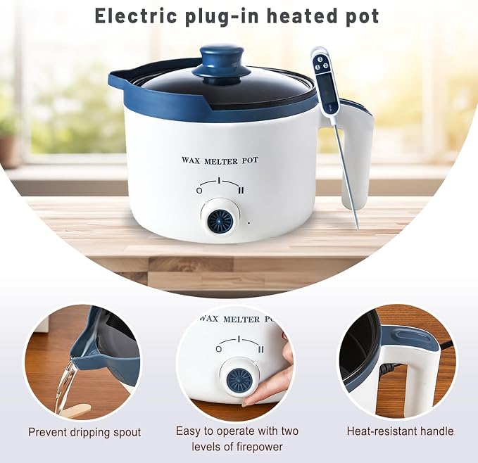 KQU Wax Melting Pot with Thermometer, Electric Wax Melter for Candle Making with Spout 1.5Qt, Small Double Boiler Pot Set for Beginner Adults