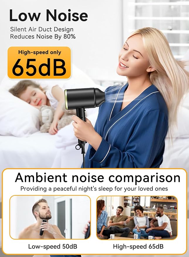 Hair Dryer with Diffuser, 150000 RPM Ionic Blow Dryer, Foldable Travel Hair Dryer with Nozzle, Lightweight Low Noise Fast Drying Hairdryer for Women Men, Portable Mini Hair Dryer, Black