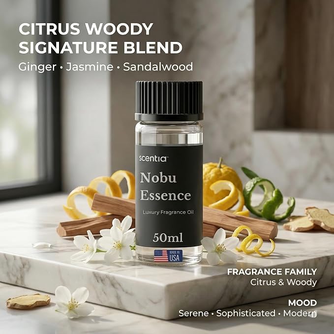 Scentia Nobu Essence Hotel Scent Diffuser Oil – Luxury Fragrance Inspired by Nobu Hotel – 50 mL – Jasmine, Lily & Sandalwood Essential Oil Blend for Home, Office & Aromatherapy Diffusers, Made in USA