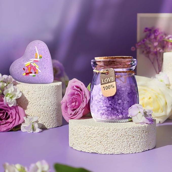 Lavender Spa Gift Basket, 7PCS Self Care Set for Women, Luxury Purple Gift Box with Tumbler, Scented Candle, Bath Salt, Bath Bomb, Soap & Greeting Card, Perfect Birthday Valentines Gifts