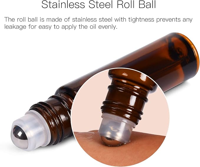 ULG Roll on Bottles 10ml Amber Glass Empty Bottles 8 Piece with Stainless Steel Roller Ball 2 Extra Balls 8 Piece Waterproof Labels 1 Opener and 3ml Dropper for Essential Oils