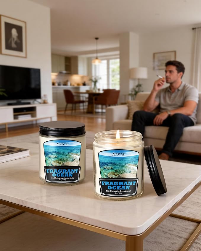 AOOVOO Ocean 2 Pack Odor Eliminating Candle - Up to 100 Hours Burn time, Eliminates 95% of Pet, Smoke, Food, and Other Smells Quickly, 18 oz Non Toxic Highly Fragranced Air Freshing Soy Candle