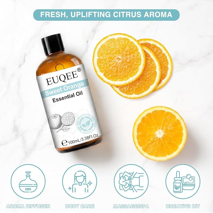 EUQEE 100ml Sweet Orange Essential Oil, Pure Sweet Orange Essential Oil for Diffuser, Massage, DIY Soap,Candle Making, Skin & Hair Care - 3.38 Fl Oz