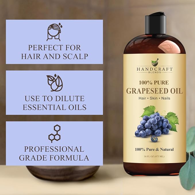 Handcraft Blends Grapeseed Oil | 100% Pure and Natural | Bath & Body Oil | Premium Grade Carrier Oil | Skin | Hair | Body | Massage | Cold-Pressed | Hexane-Free | 16 Fl Oz