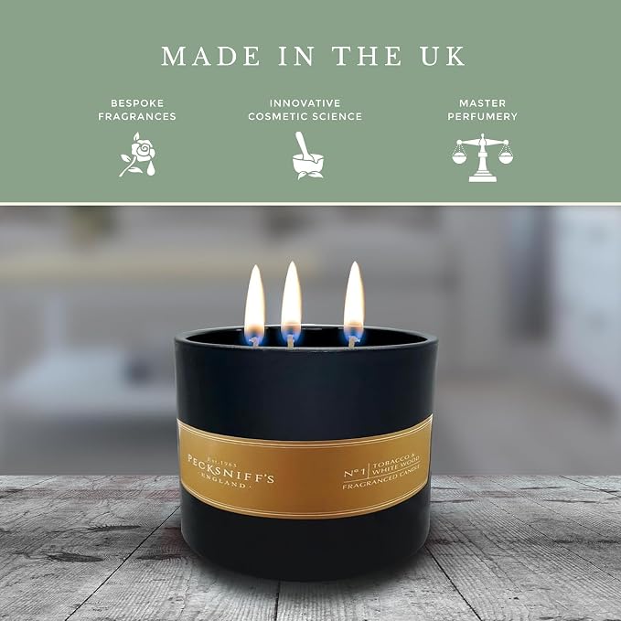 Pecksniffs Black Tobacco & White Wood Scented Candle | 3 Wicks, 283g/9.9oz