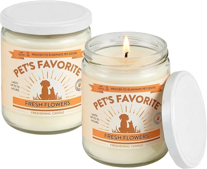 Pet's Favorite Pet Odor Candle, Clean Burning, Long Lasting Floral Scented Candle with a Natural Fiber Wick and 70 Hour Burn Time, Fresh Flowers - Pack of 2