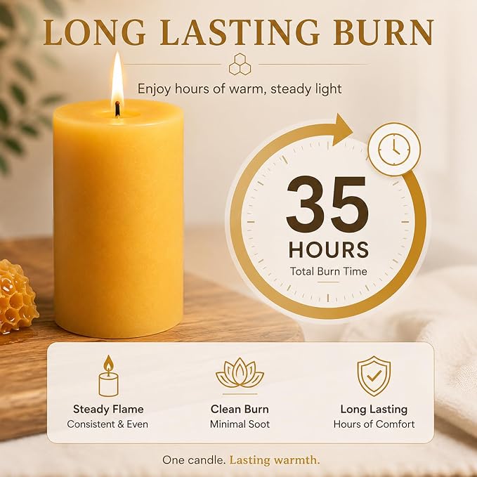 Beeswax Candles Pillar 2x4 Inch, 2 Packs, Non Toxic Bees Wax Candle for Home Decor, Natural Pure Pillar for Relax, Prayer, Air Purification, Emergency