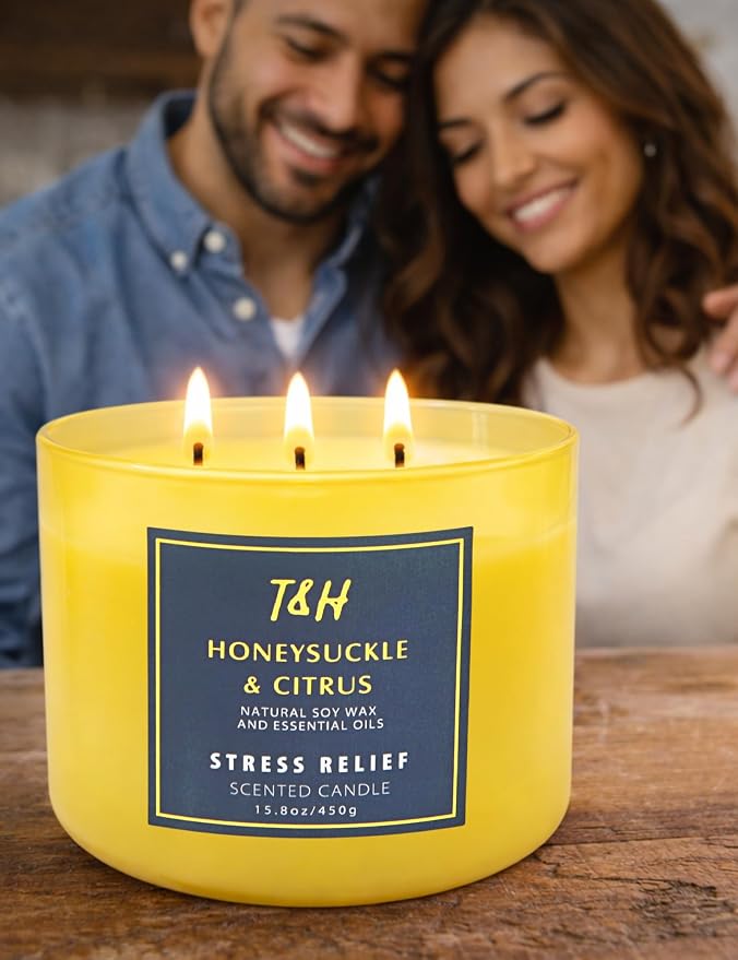 Honeysuckle Citrus Scented Soy Candle | Large 3-Wick Candle for Home, 15.8 oz | Fresh Floral Citrus Candle | Summer Candles for Women & Men | Thank You & Hostess Gifts for Women