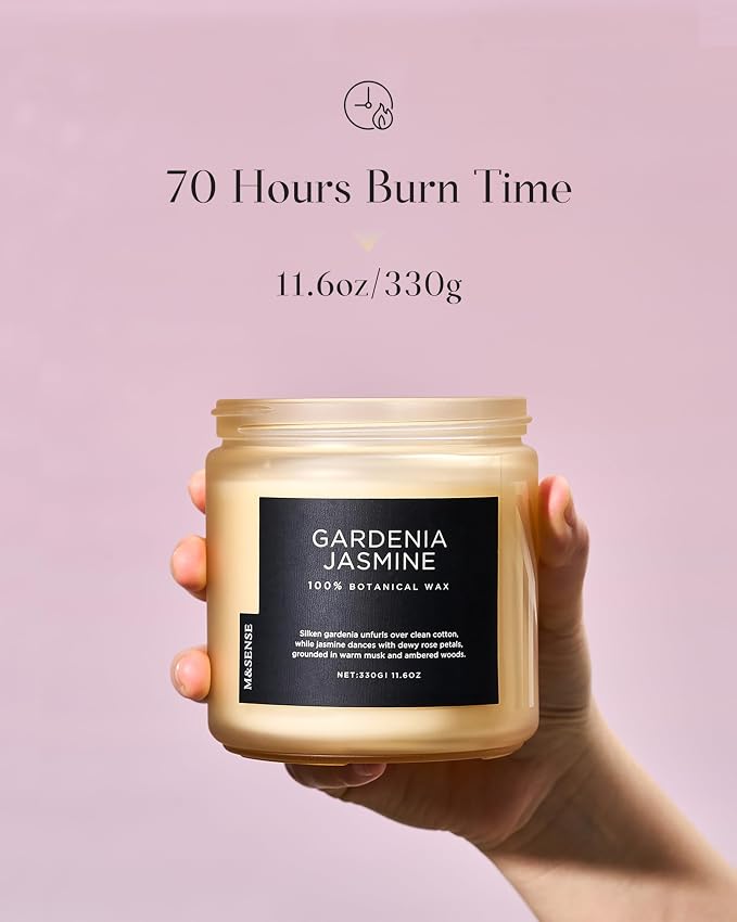 M&SENSE Gardenia Jasmine Scented Candles for Home - 11.6oz Natural Soy Wax, 70-Hour Clean Non Toxic Slow Burn, Floral Scent Aromatherapy Candle for Spa Stress Relief & Housewarming Gifts