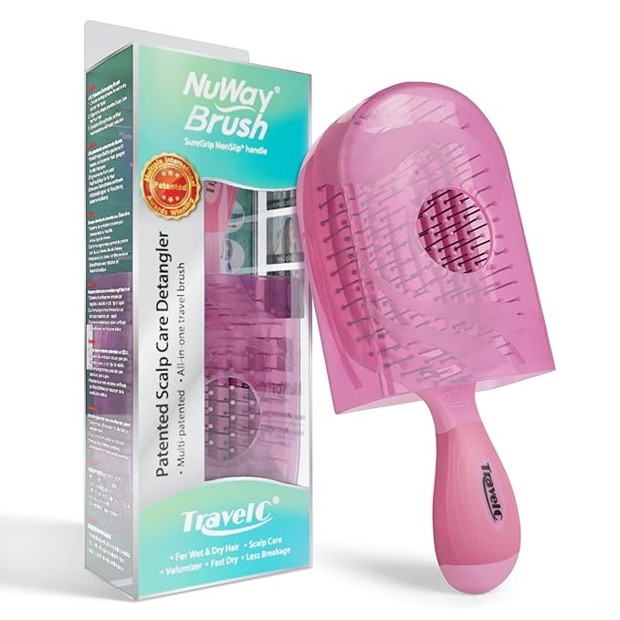 NuWay 4Hair® TravelC® U.S. Patented Single-Curve Scalp Care Travel Brush with Protective Case – Premium Portable Hair Health Tool with Heat-Resistant – Wet & Dry Use (Rose Pink)