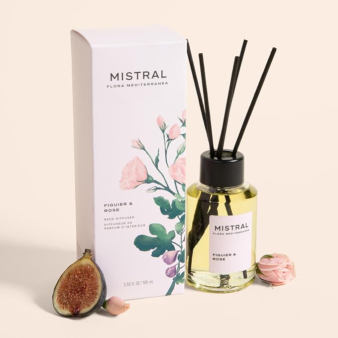 Mistral Figuier & Rose Reed Diffuser – Luxury Fig & Rose Scent Diffuser for Home, Office, Bathroom | 100% Oil-Based & Alcohol-Free, Long-Lasting, with Natural Reed Sticks (3.5 fl oz)