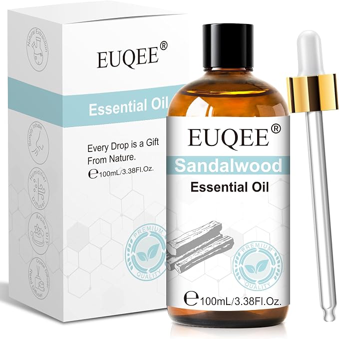 EUQEE 100ml Sandalwood Essential Oil, Sandalwood Essential Oil for Diffuser, Massage, DIY Soap,Candle Making, Skin & Hair Care - 3.38 Fl Oz