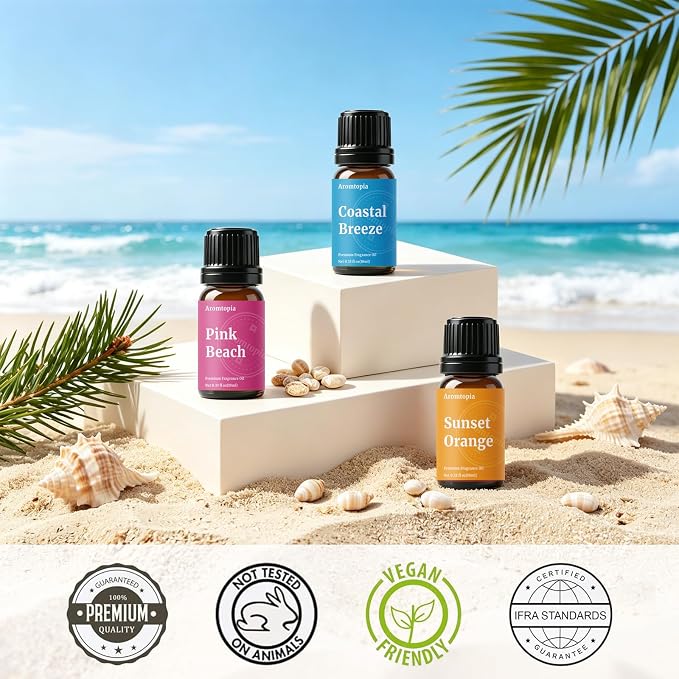 Beach Essential Oils Set, Aromtopia Diffuser Fragrance Oils for Home, 6x10ml Summer Essential Oils for Candle Soap Making, Pink Beach, Ocean Drift, Coastal Breeze Scents and More