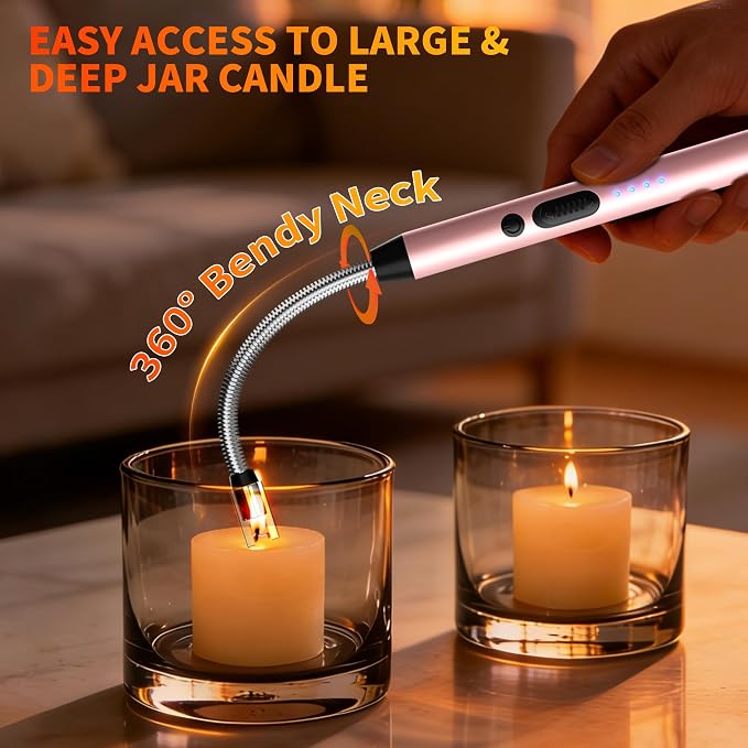 2 Pack Rechargeable Type C Electric Lighters, Rosegold | Flameless and Windproof, Plasma Arc, 360° Long Reach Flexible Neck, LED Power Display, For Candles, BBQ Grill & Camping