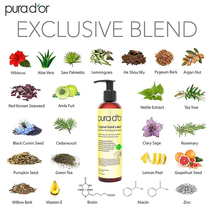 PURA D'OR Original Gold Label Anti-Thinning Biotin Shampoo Natural Earthy Scent, CLINICALLY TESTED Effective Results, Thickening Products, Women & Men, Color Treated Hair, Natural Earthy Scent 8 Fl Oz