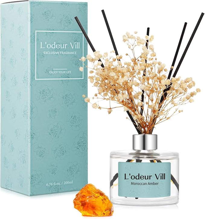 L'odeur Vill Reed Diffuser Set, 6.7 oz(200ml) Moroccan Amber Scented Diffuser with 6 Oil Diffuser Sticks, Home Fragrance Essential Oil Reed Diffuser for Home Large Rooms Bathroom Shelf Decor
