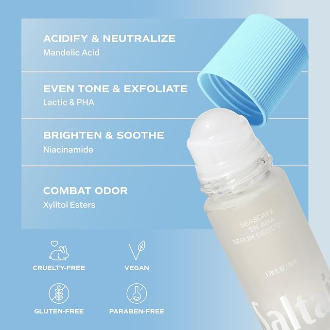 Saltair Serum Deodorant 2 Pack – 5% AHA – Aluminum-Free Odor Control for Women & Men – Mandelic Acid Deodorant with Lactic Acid – Seascape Scent – 2x 1.7oz Travel Roll On