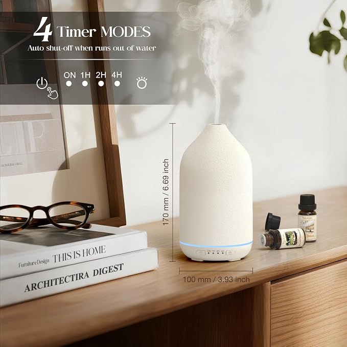 SALKING 200ml Ceramic Essential Oil Diffuser, Stone Diffusers for Essential Oils, Ultrasonic Aromatherapy Diffusers with with 7-Color LED Lights Timers, for Office Bedroom Home (White)