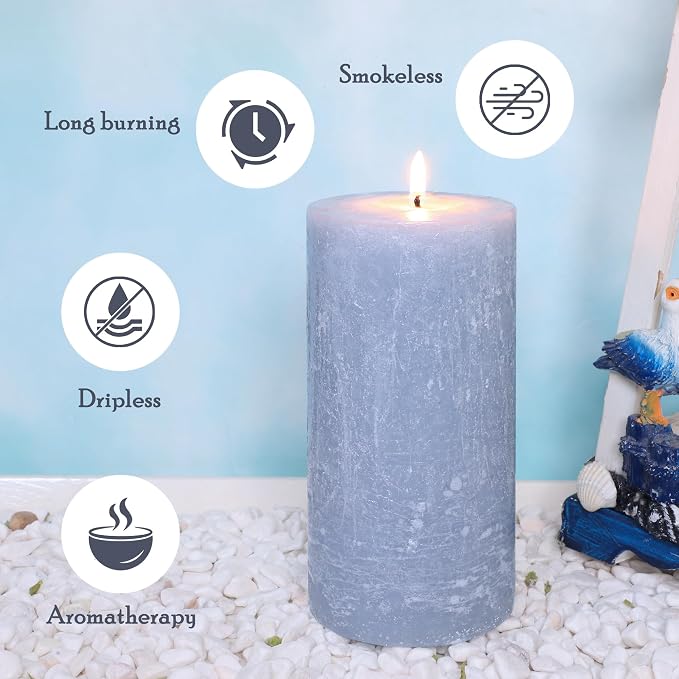Ocean Scented Candles, Gray Blue Pillar Candles Set of 3 Tall in 3X6 Inch, Long Clean Burning Smokeless & Dripless Aromatherapy Candles for Home Decor