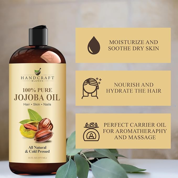 Handcraft Blends Jojoba Oil | 100% Pure and Natural | Ayurvedic Skin Care | Premium Grade Carrier Oil | Face | Skin | Hair | Massage | Cold-Pressed | Hexane-Free | 16 Fl Oz