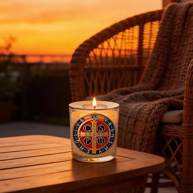Saint Benedict Medal Candle 50 Hours│Hand-Poured Natural Soy Wax│Protection from Evil, Peace, Guidance, Holy Death, Spiritaul Discipline│Design in Paris│3“×3.6”