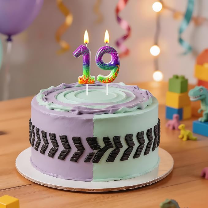 Number 9 Birthday Candle for Cake – Purple Green Flame Design with Lightning & Tire Track Pattern – Off-Road Truck Theme Cake Topper for Birthday Party Decoration