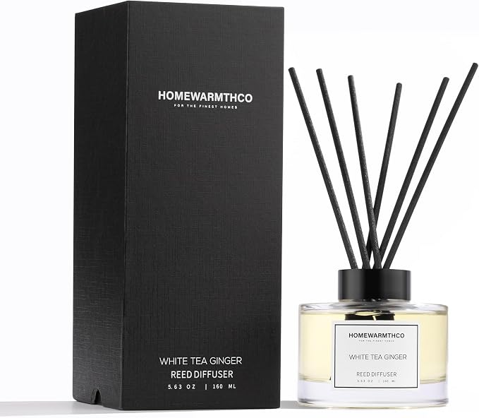 White Tea Amber Reed Diffuser Set–Luxury Natural Fragrance Reed Diffusers for Hotel, Office, Bathroom, Kitchen, Home & Shelf Decor Long Lasting Scent with Non-Toxic Oils Gift Ready 5.63 oz 160ml