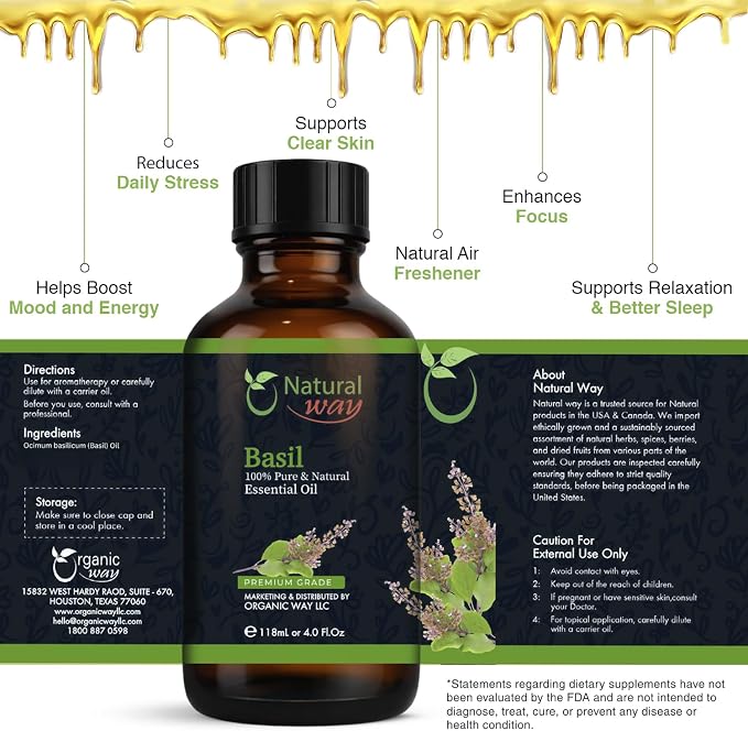 Basil Essential Oil for Diffusers | Natural Aroma Oil for Home Fragrance, Humidifier & DIY Candle Making, Long Lasting Scent for Office, Bedroom & Soothing Scent 4 Fl Oz (120 mL)