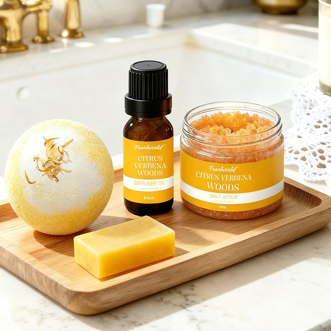 Mother's Day Gift, Citrus Verbena Bath Set Self Care for Women, Nourishing 7 Piece Home Spa Set, Birthday Gift For Mom, Girlfriend