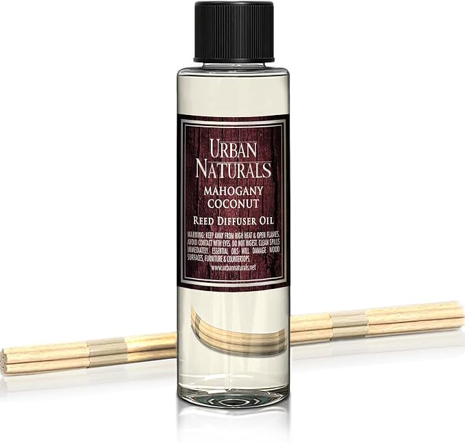 Urban Naturals Reed Diffuser Oil Refill, Mahogany Coconut Diffuser Oils with Sandalwood, Coconut, Oakmoss, 4 oz + Free Reed Sticks, Made in the USA
