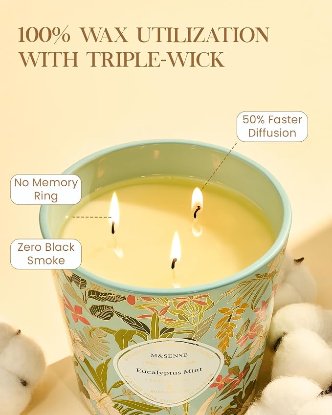 M&SENSE Eucalyptus & Mint Scented Candle, 28.2oz 3 Wick Natural Soy Wax Large Candles, Long Lasting Clean Slow Burning No Toxic Décor for Home Relaxation, Romantic Dates Gift-Giving