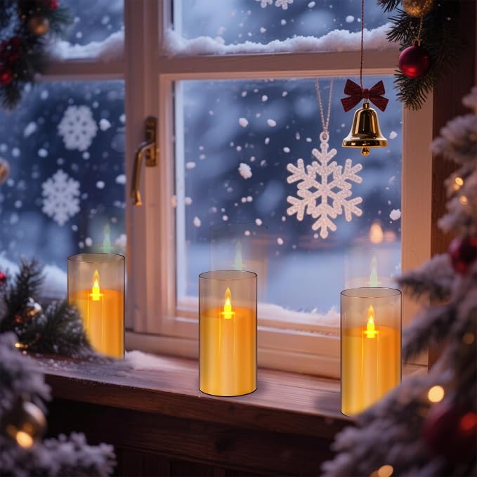 wemarry Flameless Candles Acrylic Glass Pillars 3" D x 6" H Battery Operated Flickering Candles Include 8-Key Remote with Timer Function 400+ Hours (Amber, Warm Light 2 Pack)