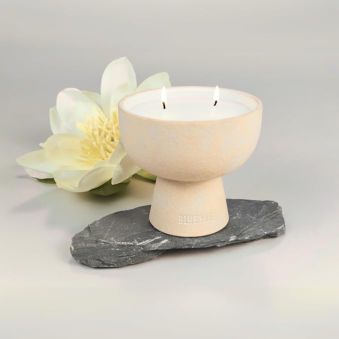 Blueme Balance Candle | White Lotus & Tea | 2 Wick - Refillable Wellness Candle with Essential Oils, Hand Finished & Poured Soy Wax Blend Ceramic Vessel, Natural Cotton Wicks | Medium 12 oz
