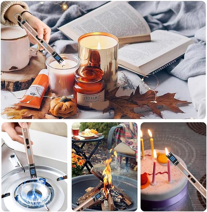 SUPRUS Candle Electric Arc Lighter Windproof Flameless USB Rechargeable Lighter with LED Light for Candle Camping BBQ Cooking (Champagne Gold&Champagne Gold)