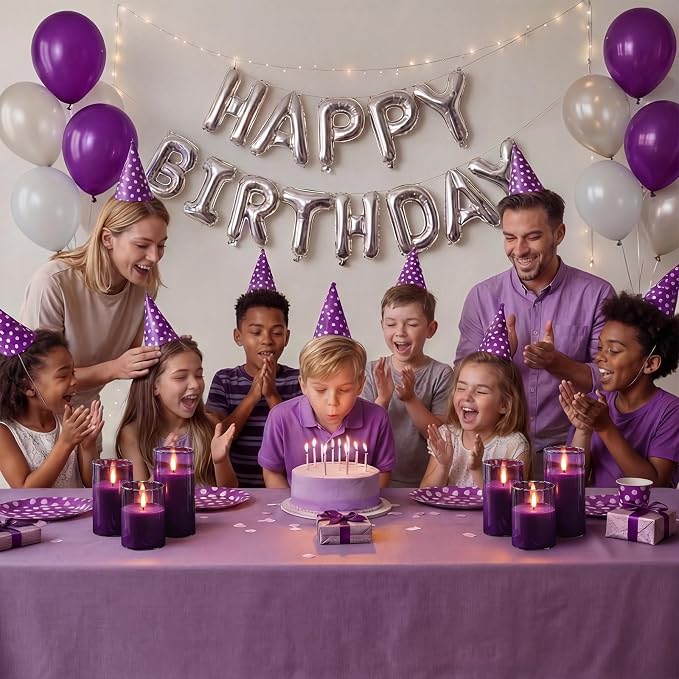 Homemory Purple Glass Flameless Candles, Battery Operated LED Pillar Candles with Remote Control and Timer, Radiance Candles, Real Wax, Set of 3,D3 xH4 5" 6"