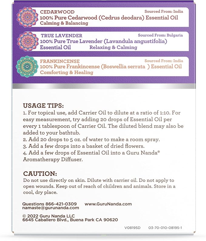 GuruNanda Sleep Essential Oil Set (Pack of 3 x 0.34 Fl Oz) - 100% Pure, Natural & Undiluted Cedarwood, Frankincense & Lavender Aromatherapy Oils for Diffuser - Perfect for Massages & DIY Recipes